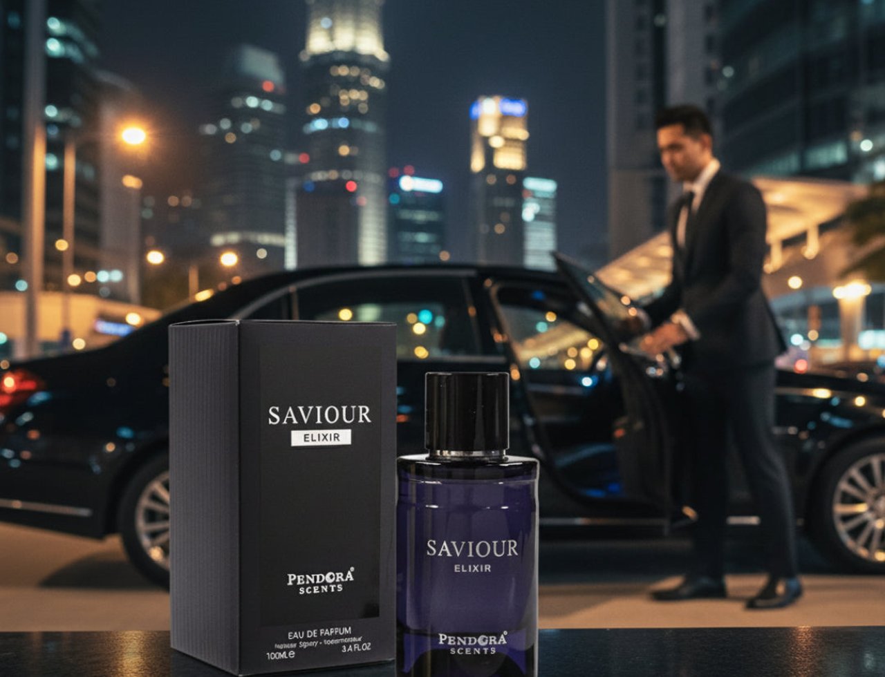 Paris Corner Saviour Elixir by Paris Corner EDP 100 ml — A black box and a purple glass perfume bottle sit on a reflective surface in front of a blurred city skyline at night, with a man in a suit opening a car door.