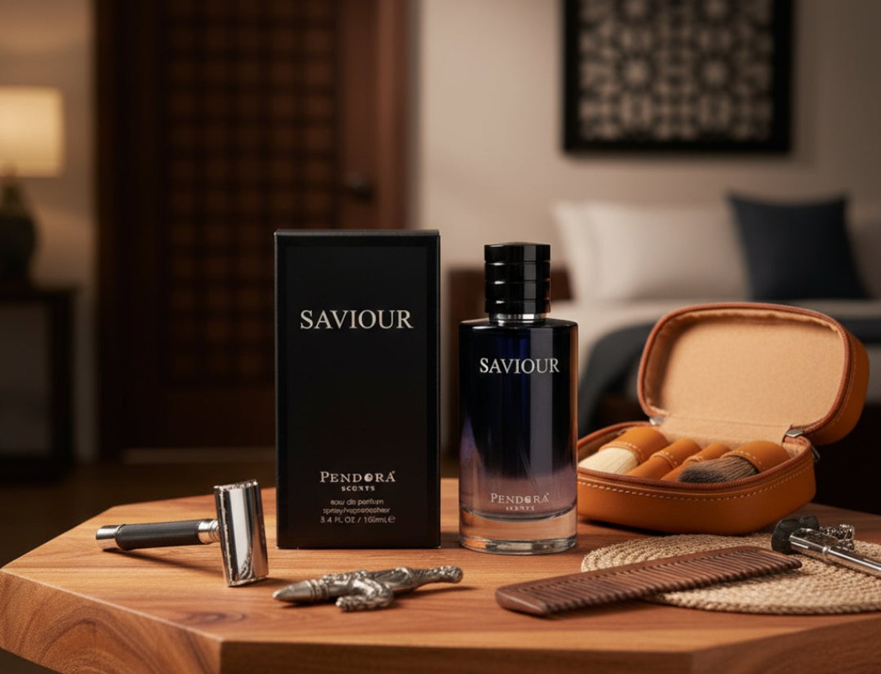 Paris Corner Saviour by Paris Corner Pendora 100ml Men — Botol minyak wangi kaca biru gelap dan kotaknya yang hitam diletakkan di atas meja kayu, bersama kit cukur kulit dan alatan dandanan.