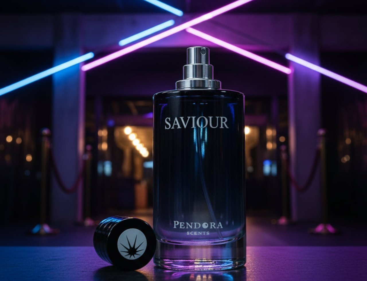 Paris Corner Saviour by Paris Corner Pendora 100ml Men — A dark glass perfume bottle with a silver cap stands on a reflective surface, with its black cap lying beside it. The background features vibrant blue and purple neon lights and a blurred red carpet entrance.