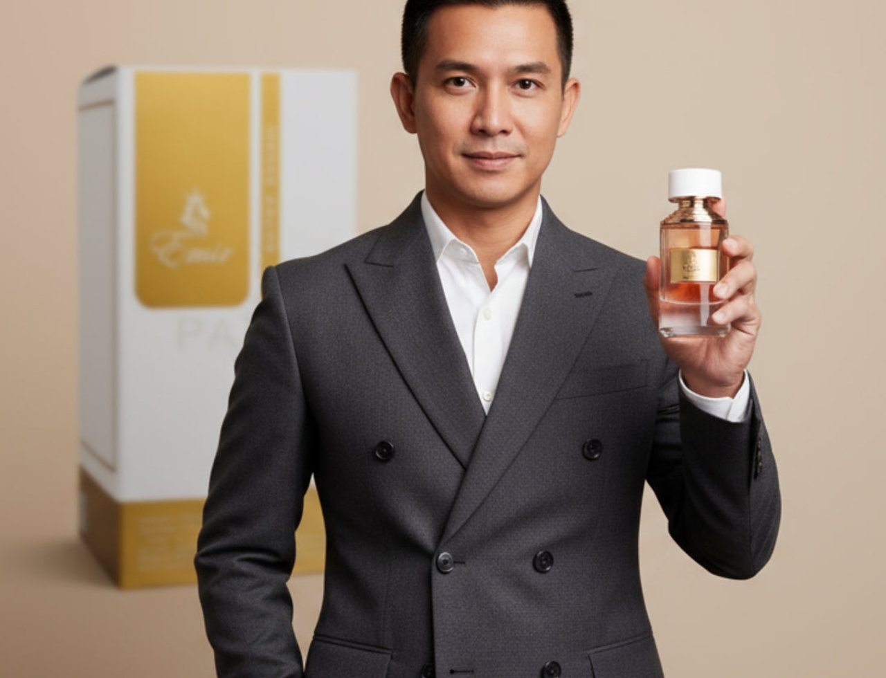 Paris Corner Super Crush Emir by Paris Corner 100 ml — Man in a grey suit holding a perfume bottle with a gold cap, standing next to its white and gold box.