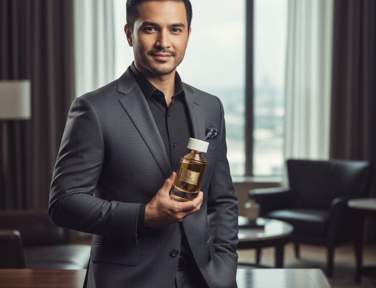 Paris Corner Super Crush Emir by Paris Corner 100 ml — Lelaki berbaju kelabu pegang botol minyak wangi jernih bertutup emas dan berlabel putih, berdiri dalam suasana pejabat moden dengan tingkap besar.