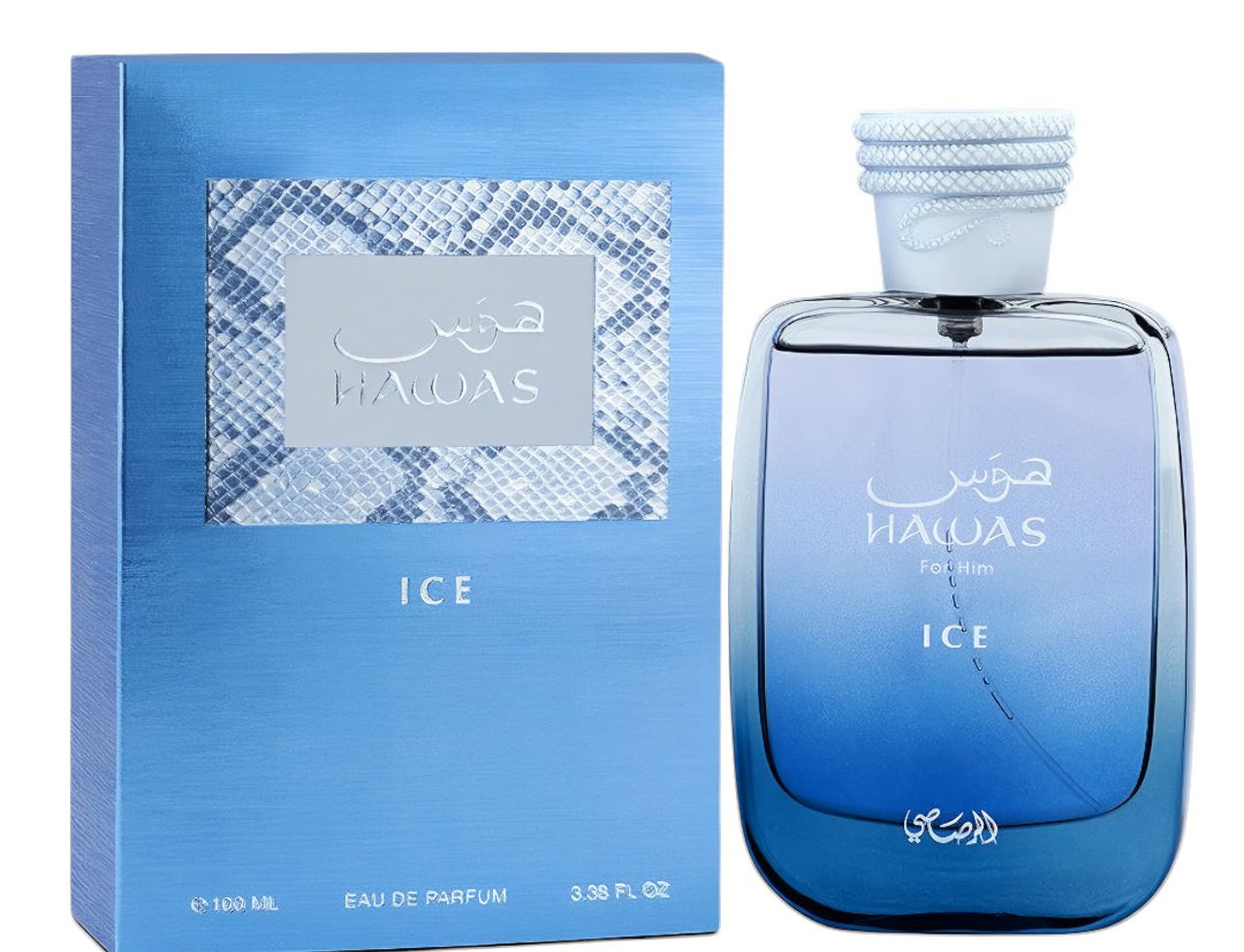 Rasasi Rasasi Hawas Ice 100ml Eau de Parfum for Men — Kotak biru dengan corak ular perak dan botol minyak wangi kaca biru gradien dengan penutup putih.