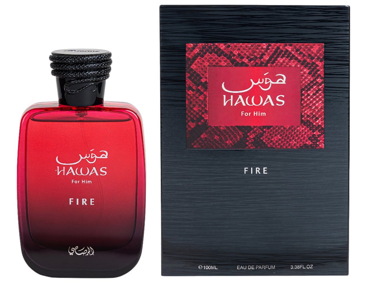 Rasasi Rasasi Hawas Fire 100ml Eau de Parfum for Men — Kotak hitam bertekstur dengan label corak kulit ular merah dan botol kaca gradien merah ke ungu dengan penutup bertekstur hitam, dipaparkan bersama.
