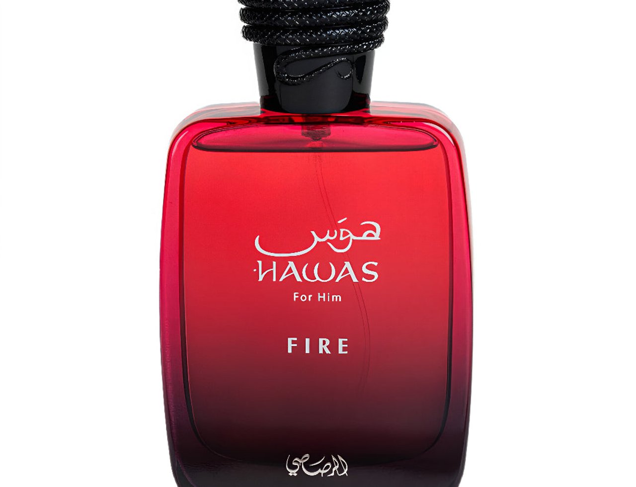 Rasasi Rasasi Hawas Fire 100ml Eau de Parfum for Men — Red gradient glass bottle with black textured cap, white text 'HAWAS For Him FIRE' and Arabic script.