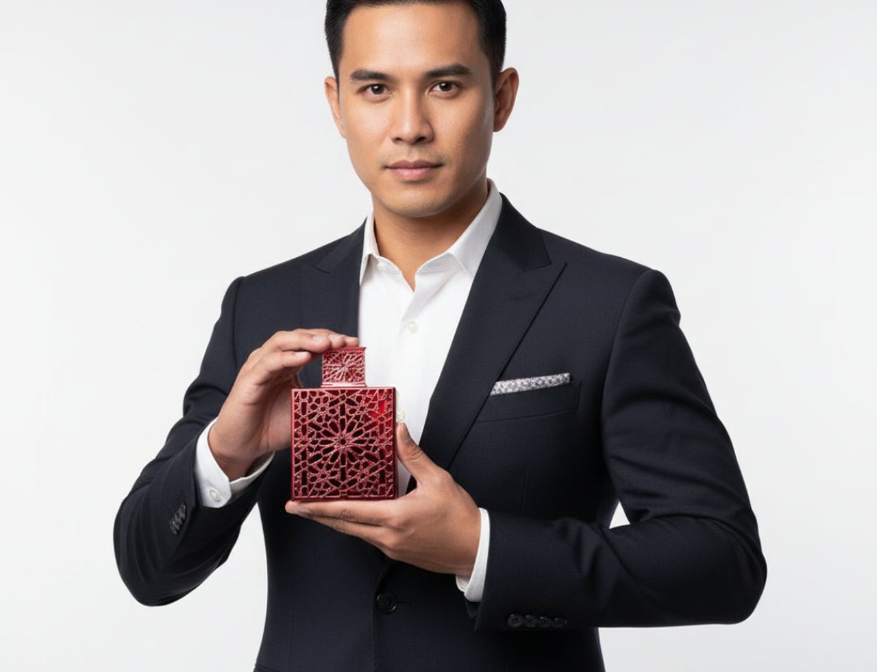 Rayhaan Rayhaan Crimson for Men 100ml — Man in a dark suit holding a red, intricately patterned perfume bottle and cap