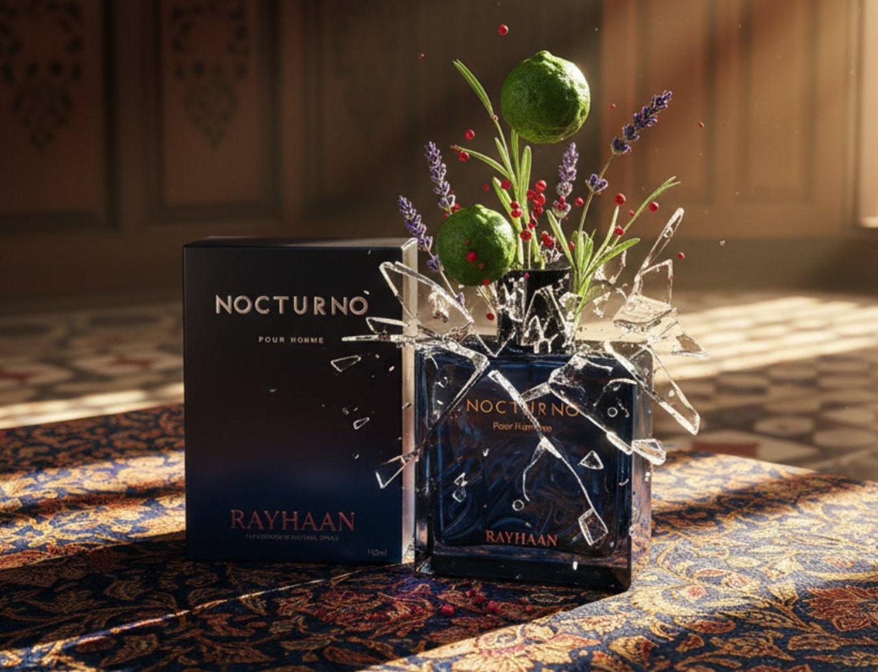 Rayhaan Nocturno by Rayhaan – A shattered glass perfume bottle with limes, lavender, and red berries exploding outwards, next to its dark box on a patterned rug.