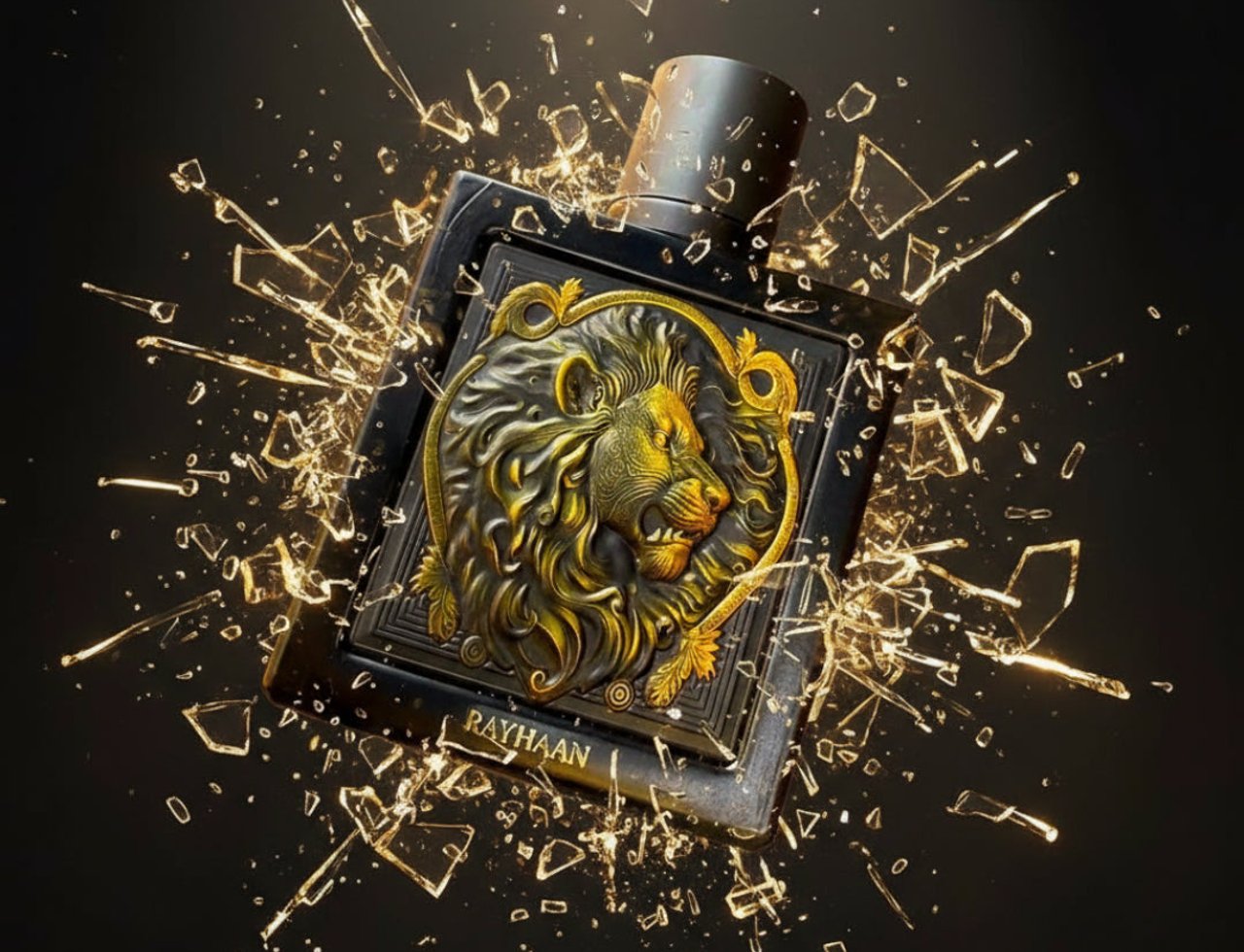 Rayhaan Rayhaan Lion Powerful for Man 100ml — Botol minyak wangi hitam dengan lambang singa emas, dikelilingi serpihan kaca pecah berlatar belakang gelap.