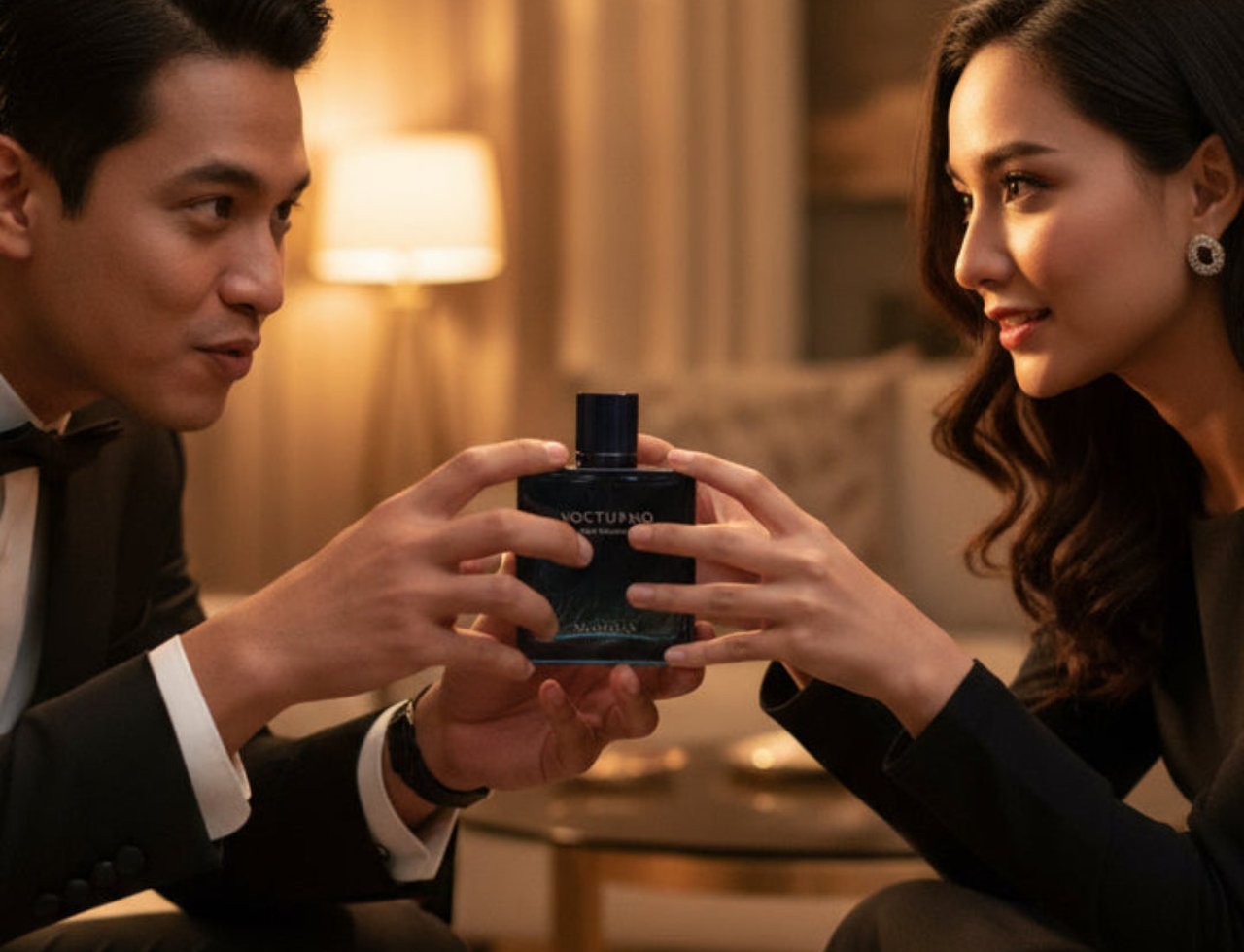Rayhaan Nocturno oleh Rayhaan – 100 ml Eau de Parfum untuk Lelaki. Seorang lelaki berbaju sut hitam menghulurkan botol minyak wangi biru gelap kepada wanita berbaju hitam, kedua-duanya memegangnya.