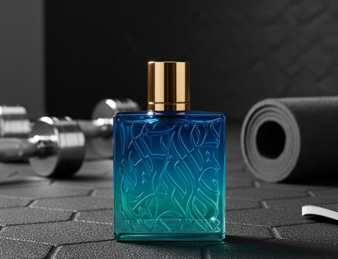 Rayhaan Rayhaan Pacific Elegant EDP 100 ml Men — Botol minyak wangi kaca gradien biru dan teal dengan penutup emas, corak timbul, di atas permukaan kelabu gelap bertekstur dengan dumbel dan tikar yoga digulung di latar belakang.