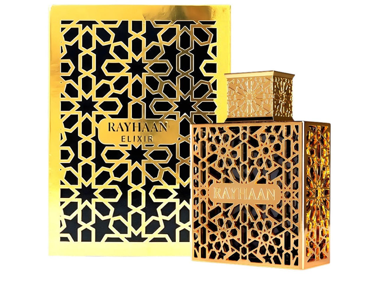 Rayhaan Rayhaan Elixir 100ml Eau de Parfum for Men — Gold patterned box and bottle with intricate geometric cutouts, featuring the brand name 'RAYHAAN' and 'ELIXIR' on the box.