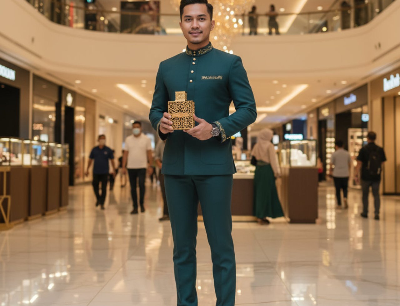 Rayhaan Rayhaan Elixir 100ml Eau de Parfum for Men — Lelaki berbaju teal pegang kotak dan botol minyak wangi corak emas di dalam pusat beli-belah.
