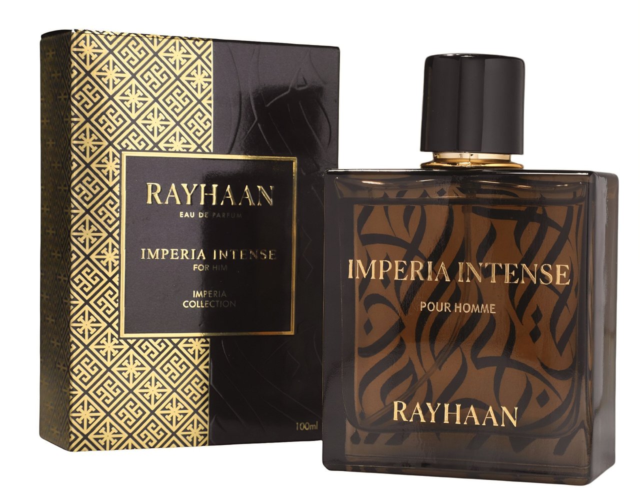 Rayhaan Imperia Intense Eau de Parfum for Him — A dark glass perfume bottle with gold Arabic calligraphy design and a black cap, next to its matching black and gold patterned box.