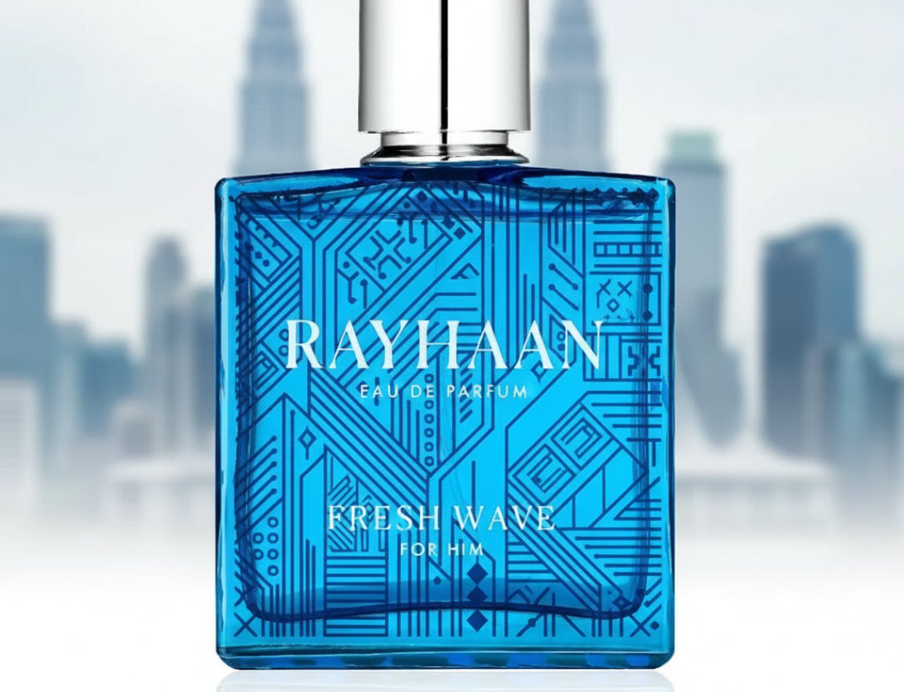 Rayhaan Rayhaan Pacific Perfume 100ml for Man — Blue glass bottle with geometric pattern, silver cap, blurred city skyline background.