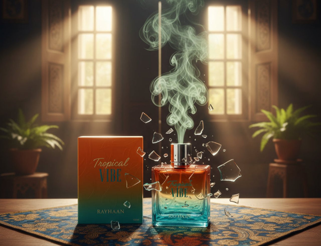 Rayhaan Rayhaan Tropical Vibe 100ml Eau de Parfum — Botol minyak wangi dan kotaknya di atas kain bermotif, dengan asap hijau naik dari botol dan serpihan kaca pecah di sekelilingnya, berlatarkan tingkap yang disinari matahari.