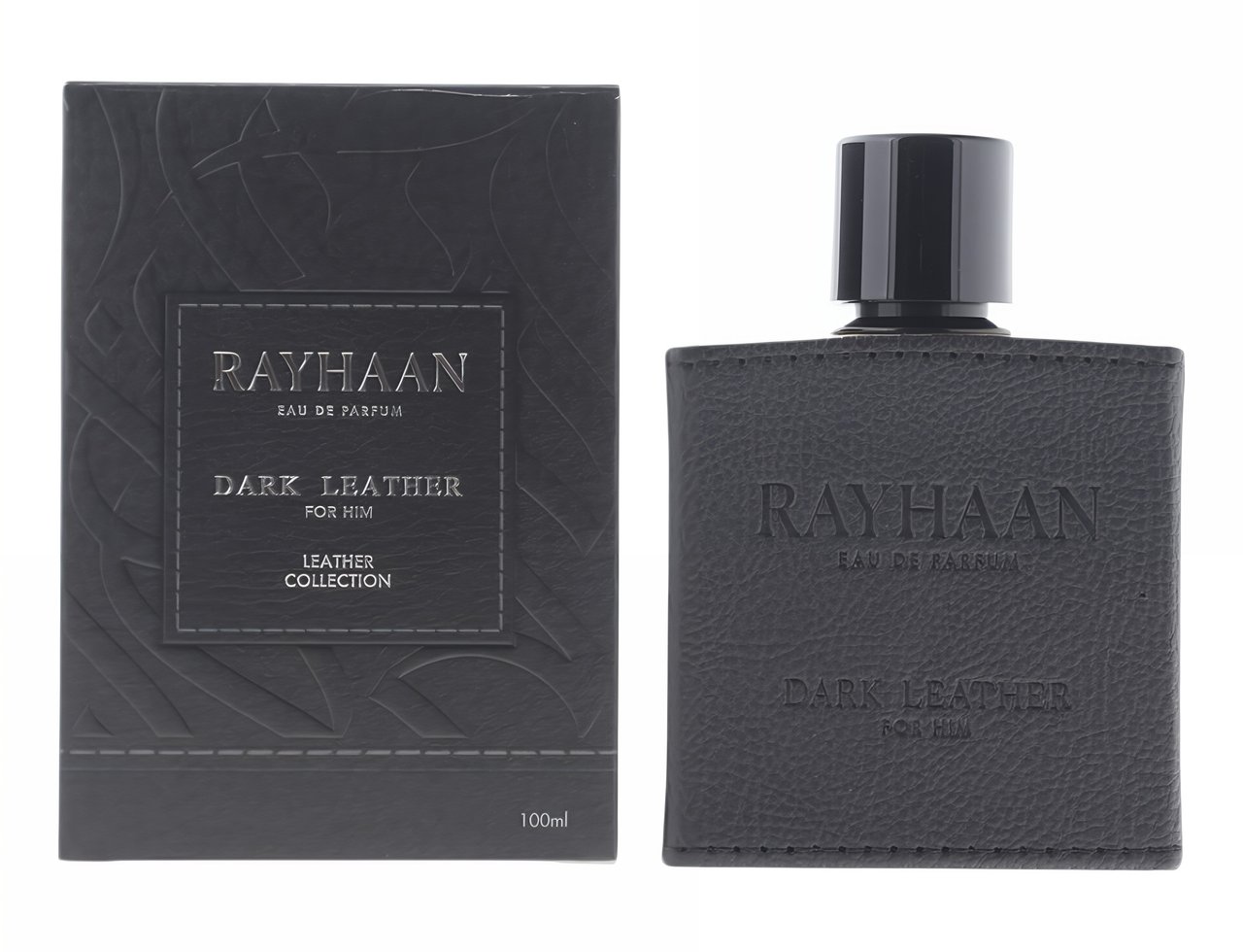 Rayhaan Rayhaan Leather Collection 100ml EDP – Corium, Dark Leather, Cordova — Dua botol minyak wangi bertekstur kulit gelap, satu dengan corak timbul, atas latar satin hitam bersama tali pinggang kulit dan beg.