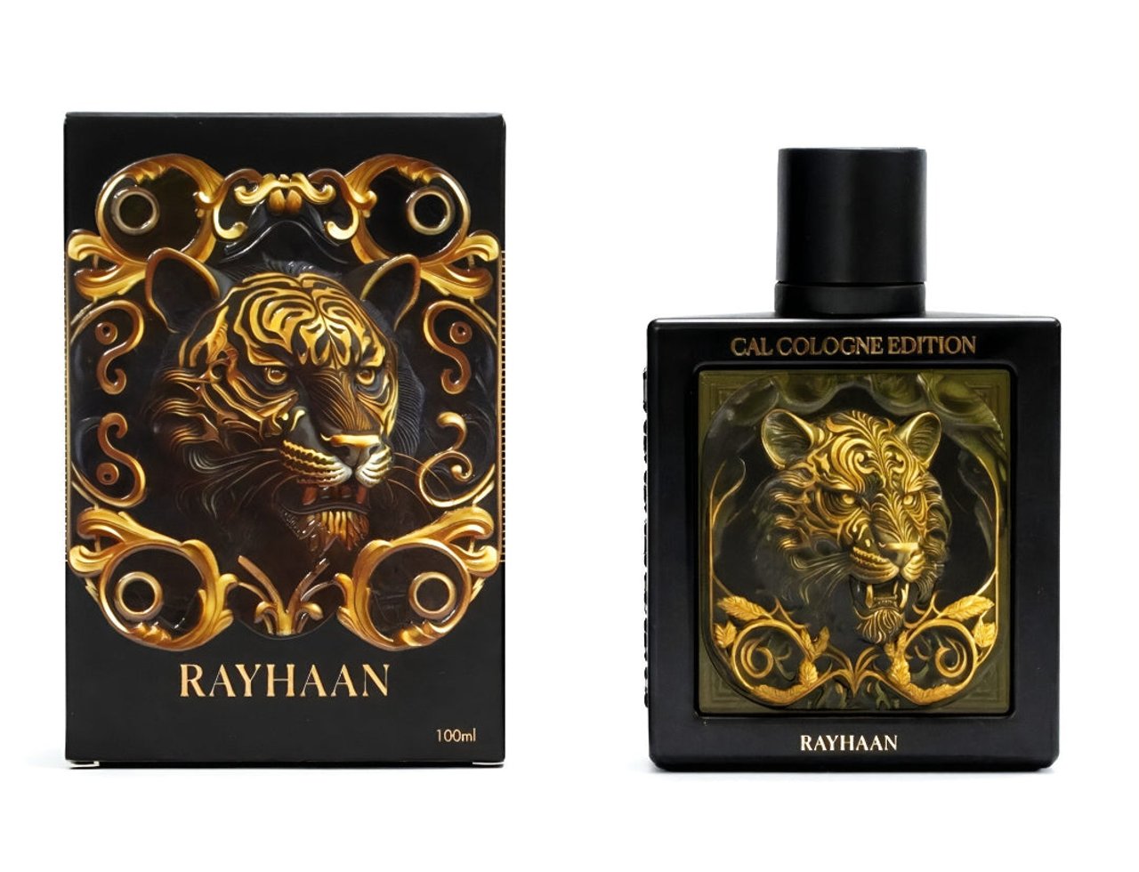 Rayhaan Tiger Cal Cologne by Rayhaan 100ml EDP Men — Kotak dan botol minyak wangi hitam dengan rekaan harimau emas timbul, perincian emas berhias, dan penutup hitam.
