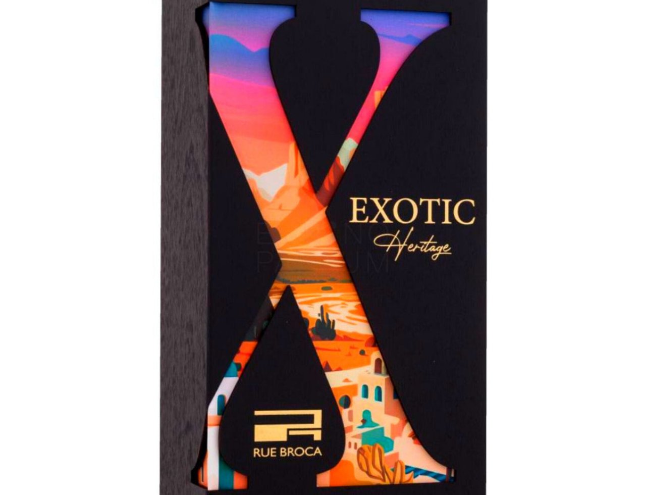 Rue Broca Exotic Heritage by Rue Broca 100ml EDP Men — Kotak hitam dengan potongan 'X' besar menampakkan ilustrasi landskap abstrak berwarna-warni. Teks emas tertulis 'EXOTIC Heritage' dan logo Rue Broca.
