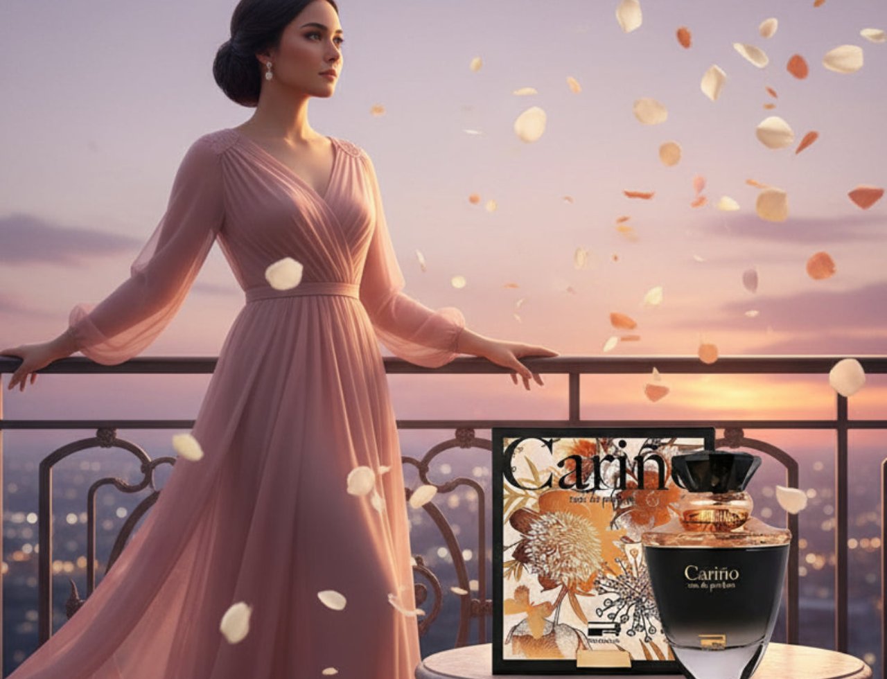 Rue Broca Carino Black Pour Femme 100ml EDP — Woman in a pink dress on a balcony at sunset, with falling petals and a perfume bottle and box on a table.