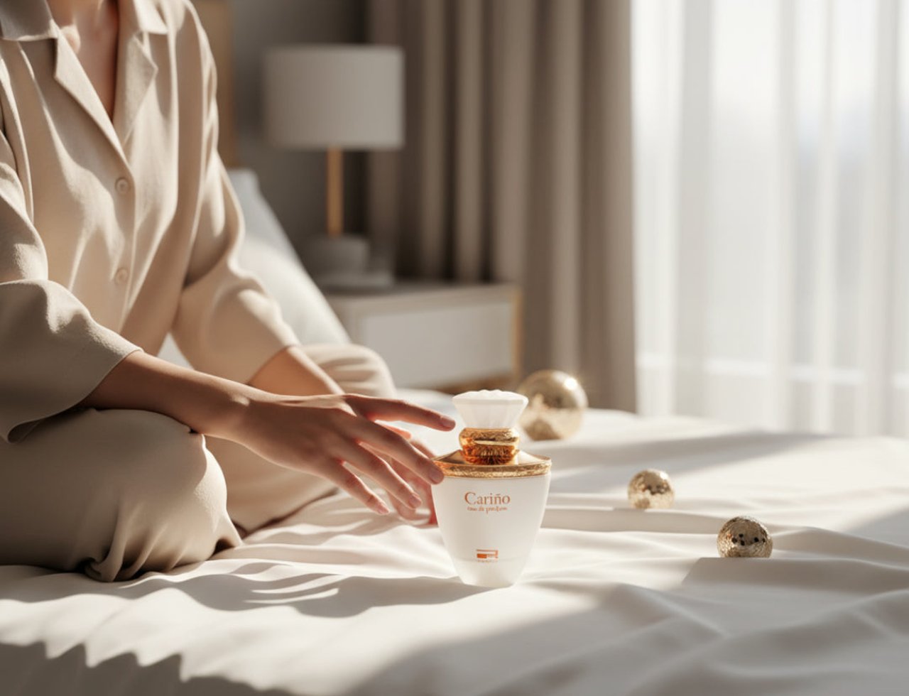 Rue Broca Carino White Pour Femme Rue Broca 100ml EDP — Woman in pajamas sitting on a bed, reaching for a white and gold perfume bottle with decorative gold spheres around it.