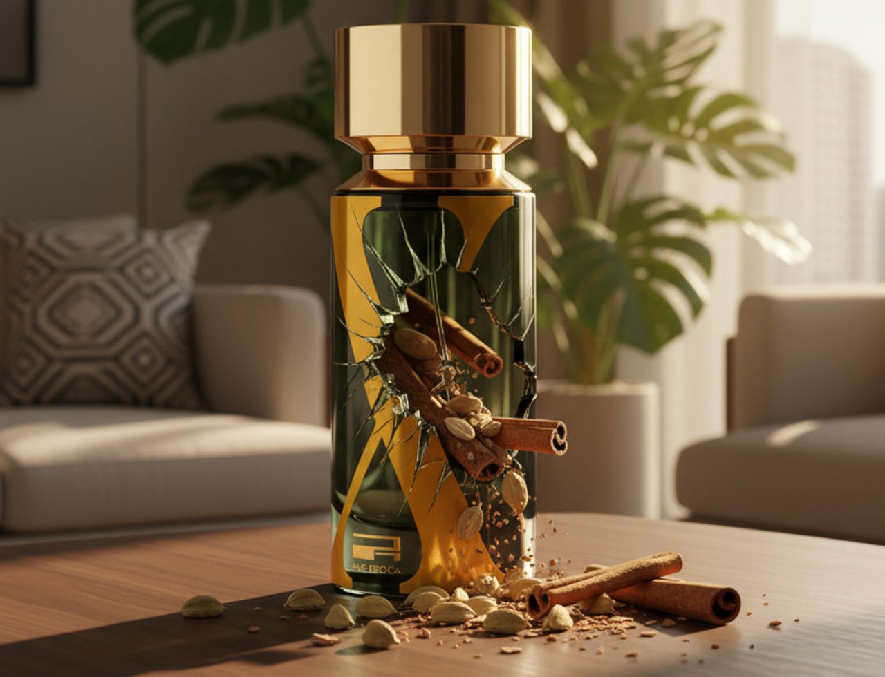 Rue Broca Exotic Heritage by Rue Broca 100ml EDP Men — A cracked glass perfume bottle with gold cap, spilling cinnamon sticks and cardamom pods onto a wooden table.