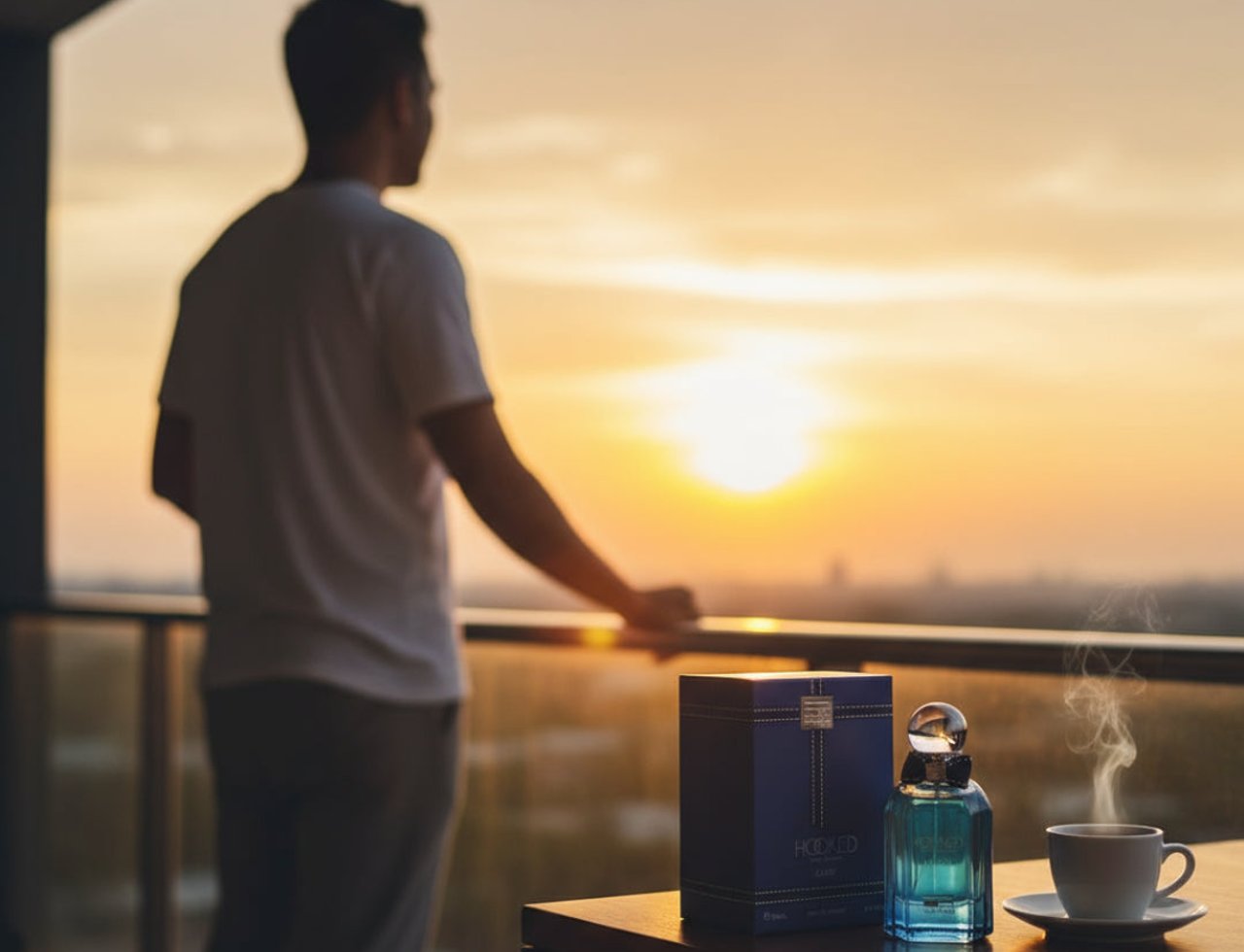 Rue Broca Hooked Azure by Rue Broca 100ml EDP Men — A man in a white t-shirt stands on a balcony at sunset, looking out at the view. A blue perfume box and a clear blue perfume bottle with a silver cap sit on a table next to a steaming cup of coffee.