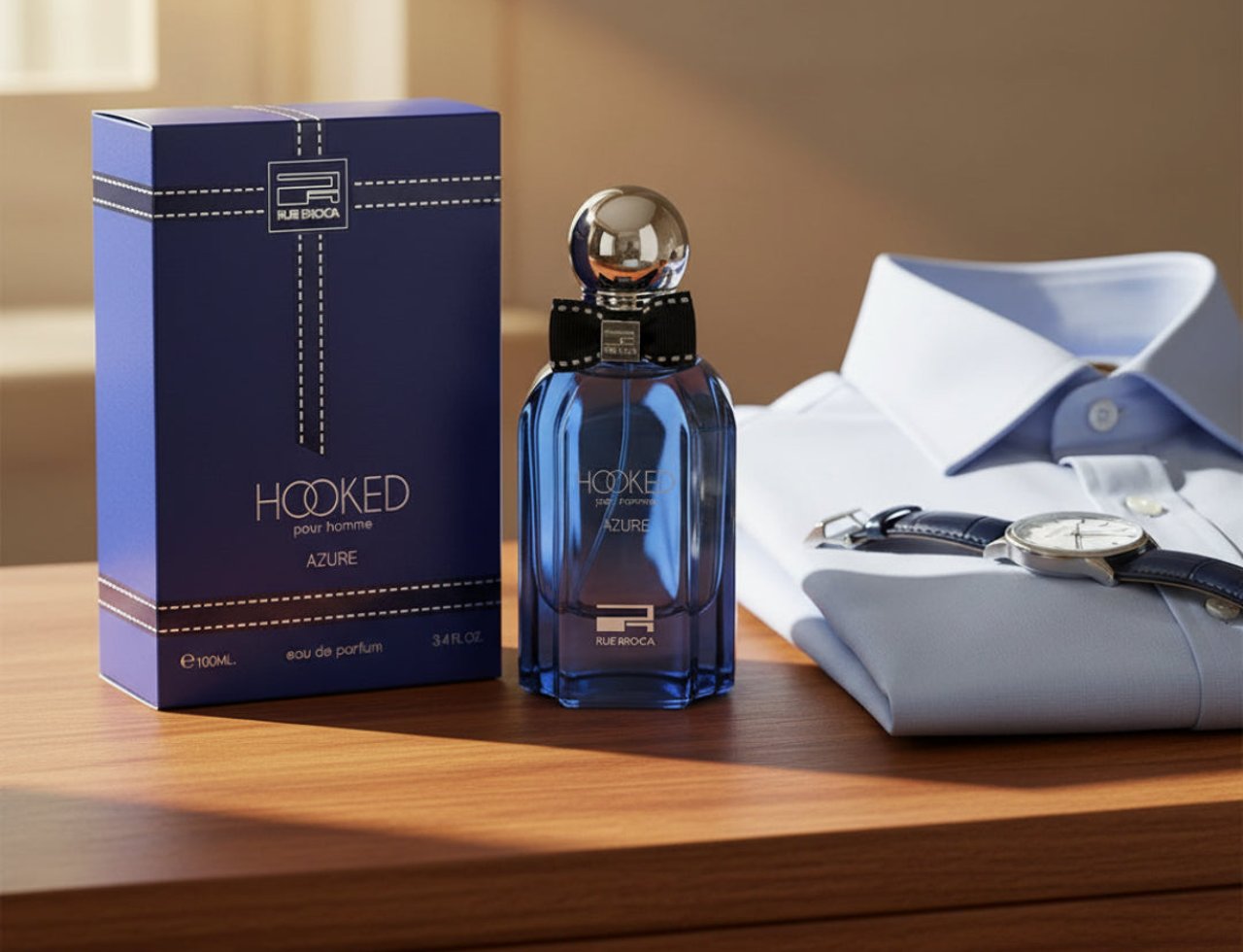 Rue Broca Hooked Azure by Rue Broca 100ml EDP Lelaki — Botol minyak wangi biru bertutup perak dan reben hitam, bersebelahan kotak birunya, dengan baju kemeja putih dilipat dan jam tangan di atas permukaan kayu.
