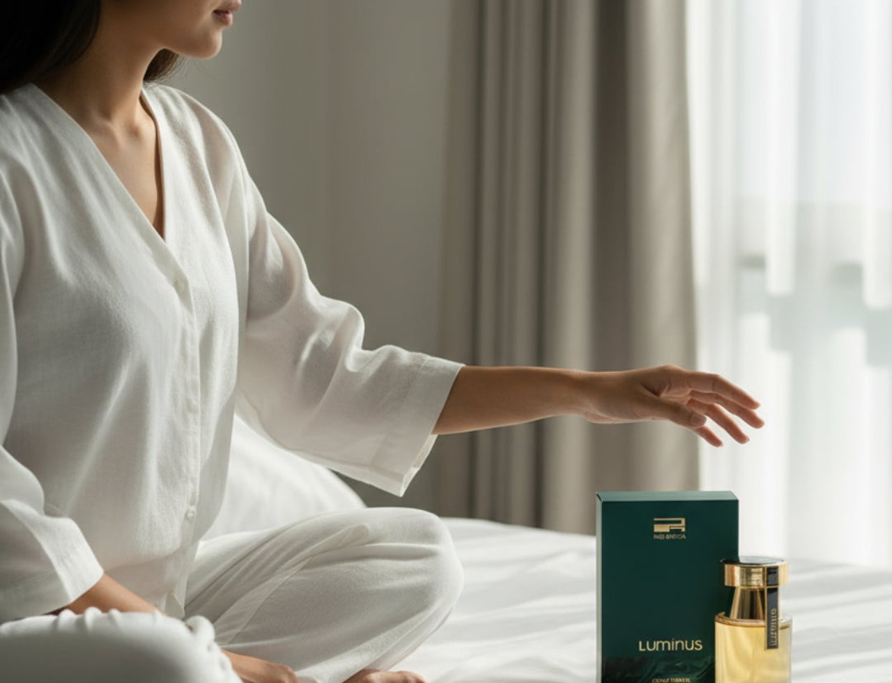 Rue Broca Luminus Pour Femme 100ml EDP — Woman in white pajamas sitting on a bed, reaching towards a green perfume box and gold-capped bottle.