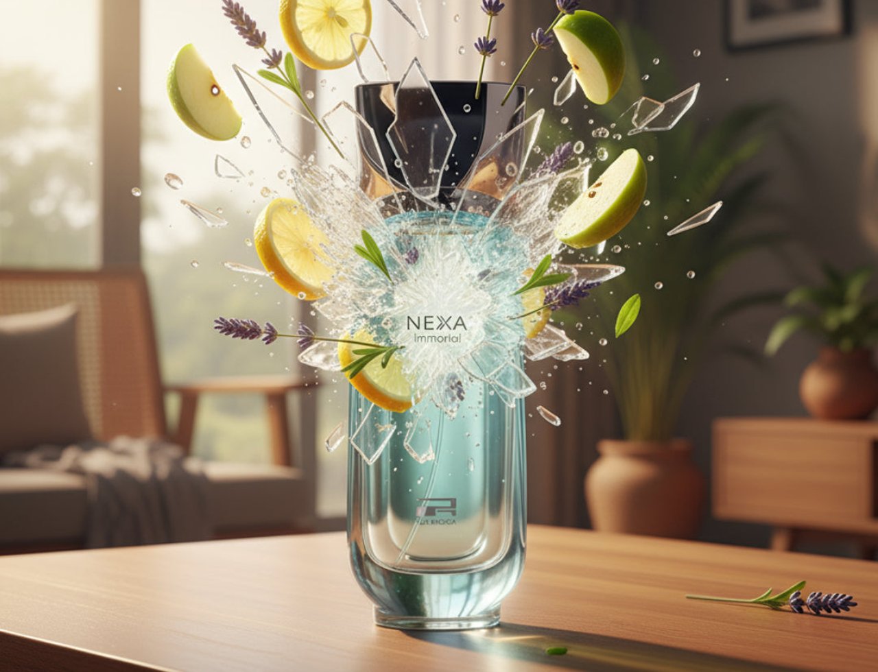Rue Broca Nexa Immortal by Rue Broca 100ml EDP Men — Botol minyak wangi kaca jernih bertutup hitam, dikelilingi serpihan kaca pecah, hirisan lemon, hirisan epal hijau, dan tangkai lavender.