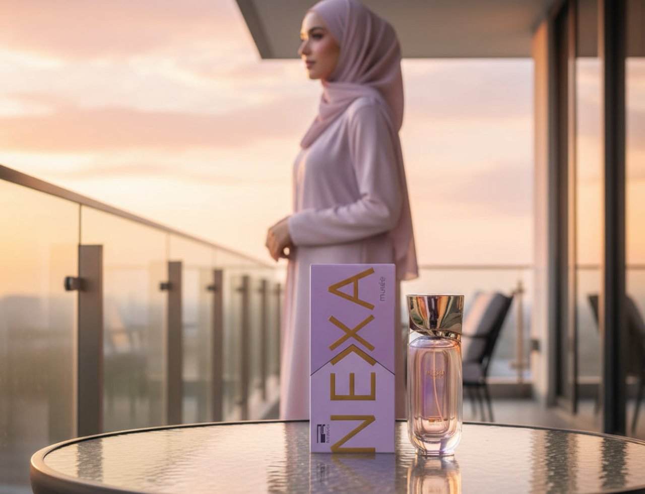 Rue Broca Nexa Musee – 100 ml for Women, a woman in a hijab stands on a balcony at sunset, with a perfume box and bottle on a glass table in the foreground.