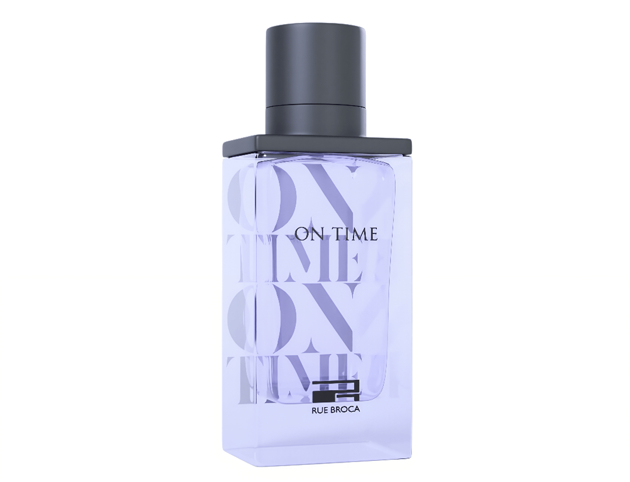 Rue Broca Rue Broca On Time Pour Homme EDP Men 100ml — Botol minyak wangi kaca jernih dengan penutup kelabu gelap, tertulis perkataan 'ON TIME' berulang dalam warna ungu muda dan nama jenama 'RUE BROCA' di bahagian bawah.