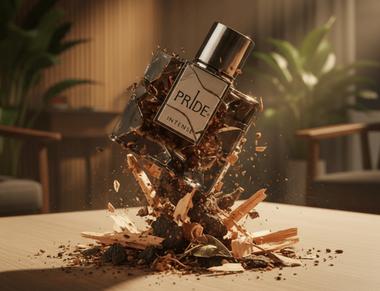 Rue Broca Pride Intense 100ml EDP Men — A shattered glass perfume bottle with wood chips and dark particles exploding outwards, set against a blurred indoor background with plants.