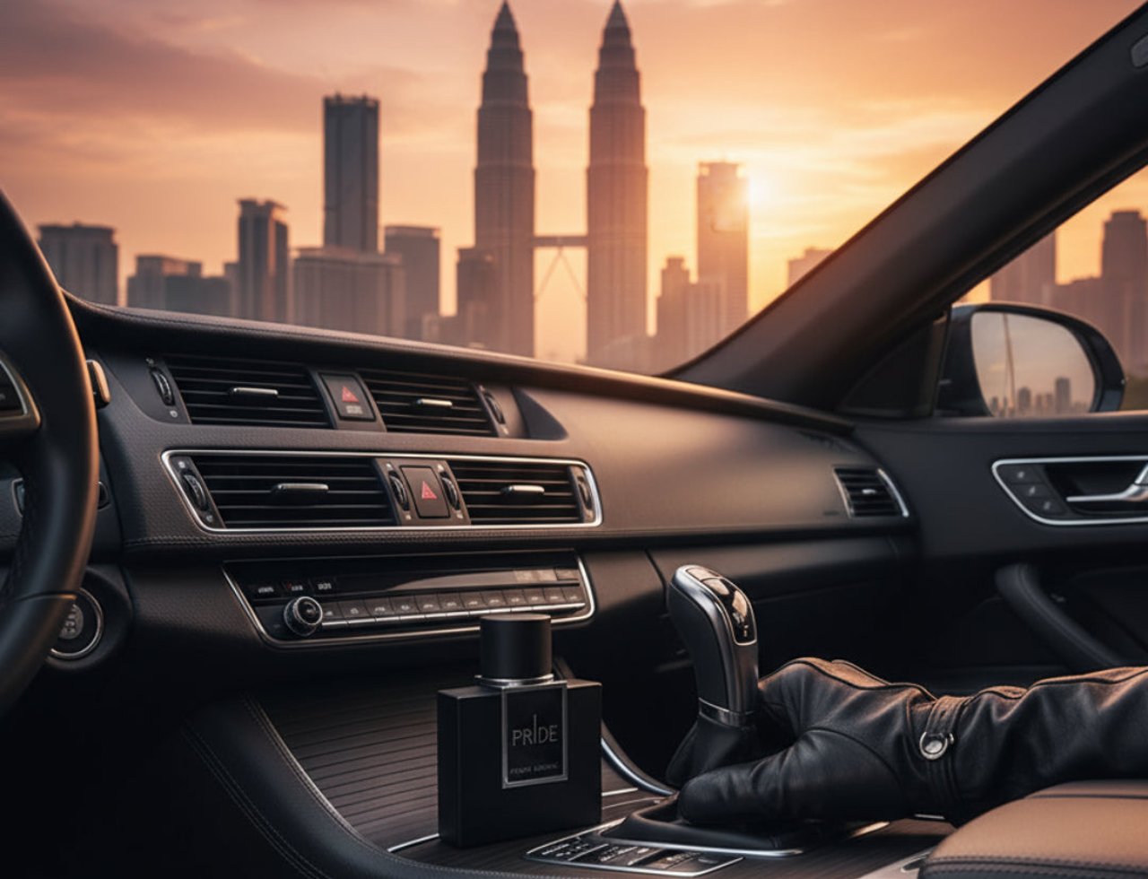 Rue Broca Pride Pour Homme Rue Broca 100ml EDP — Black perfume bottle on car's center console with a hand in a black leather glove on the gear stick, city skyline and sunset in background.