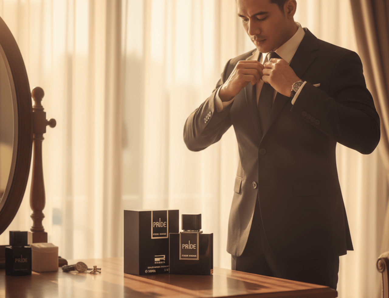 Rue Broca Pride Pour Homme — Lelaki bersuit betulkan tali leher, dengan botol dan kotak wangian di atas meja solek di latar depan.