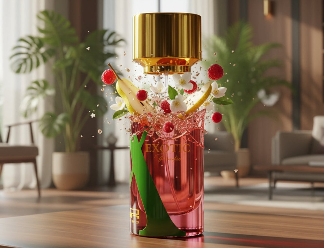 Rue Broca Exotic Paradise by Rue Broca 100ml EDP Women — Perfume bottle with gold cap, splashing pink liquid, fruits, and flowers, set on a wooden table with a blurred living room background.