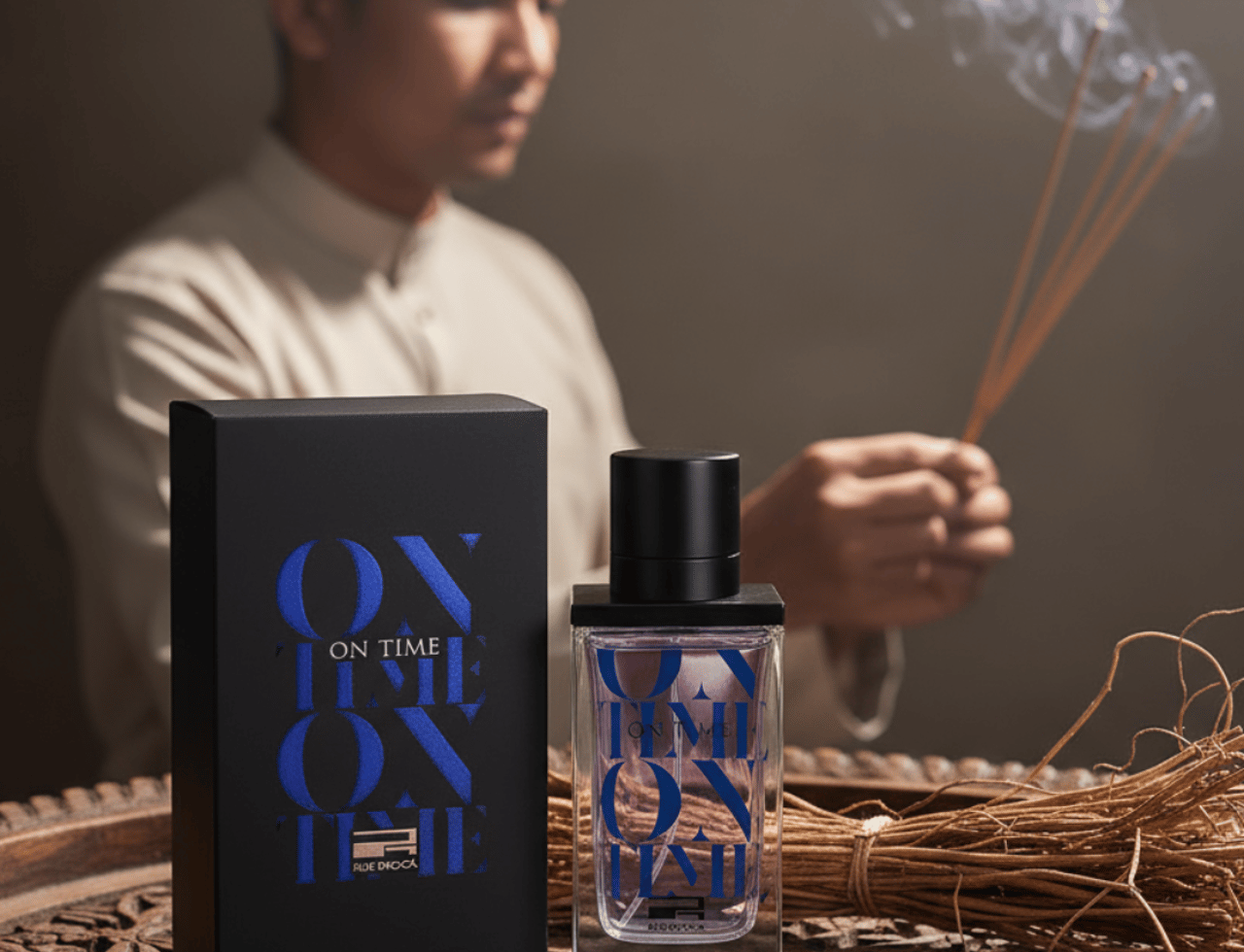 Rue Broca On Time Pour Homme EDP Men 100ml — Black box and clear glass bottle with blue text 'ON TIME' on a wooden tray, with a man in the background lighting incense sticks.