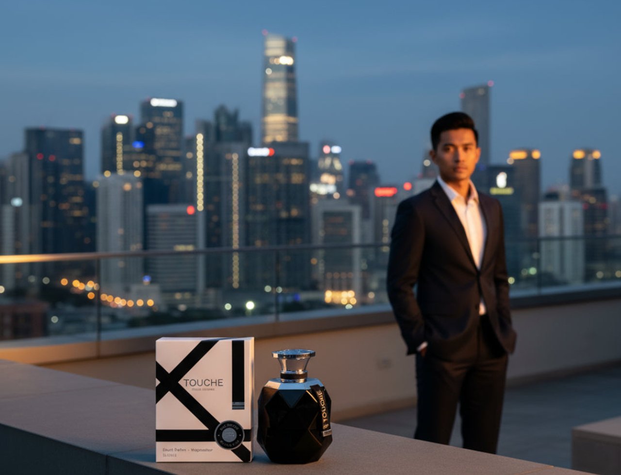 Rue Broca Touche Pour Homme 100ml EDP — A man in a suit stands on a rooftop with a city skyline at dusk, next to a perfume box and bottle.