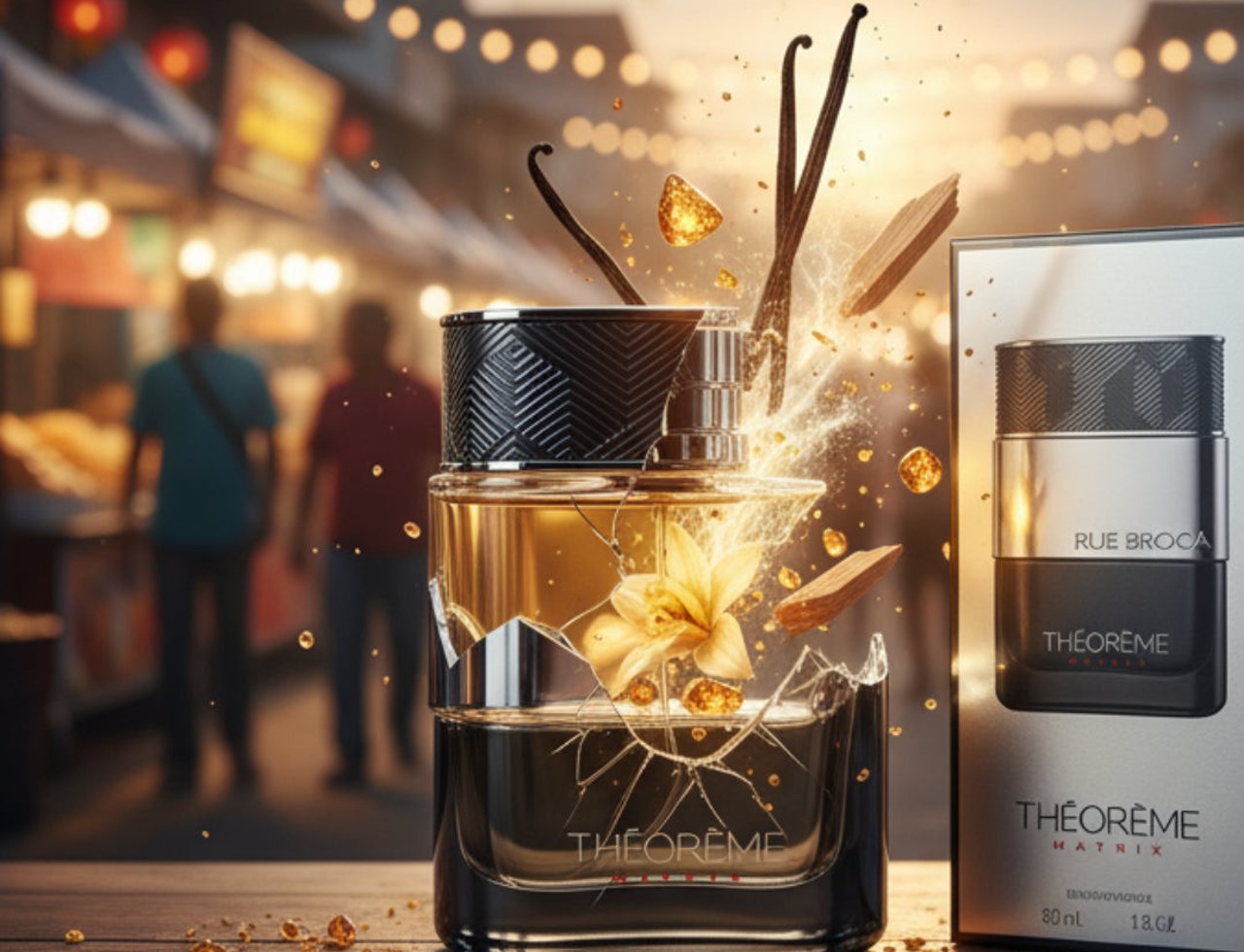 Rue Broca Theoreme Matrix by Rue Broca – 90 ml for Men, featuring a cracked glass perfume bottle with vanilla pods and golden liquid splashing out, set against a blurred night market background.