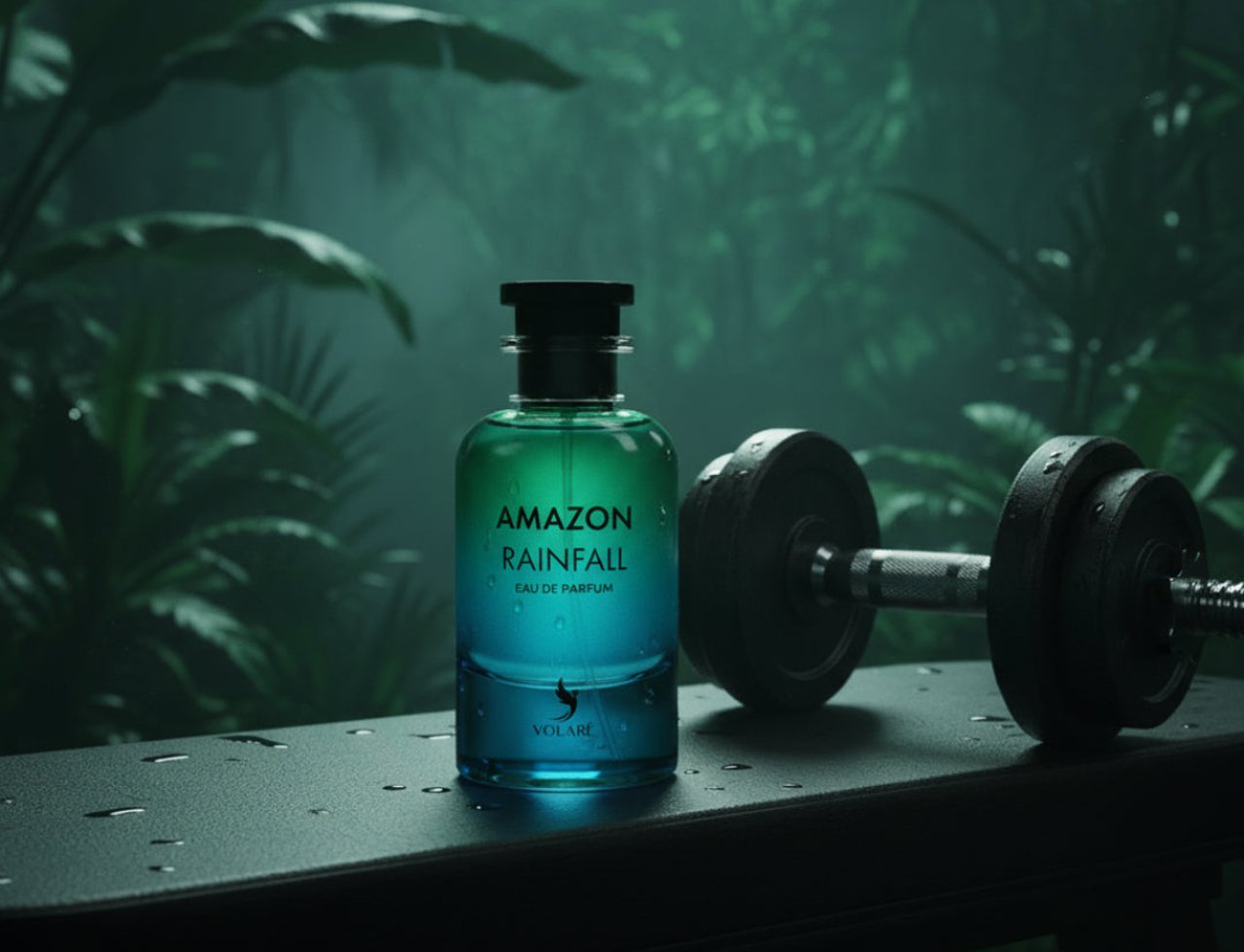 Volare Amazon Rainfall by Volare 100ml EDP Men — Botol minyak wangi kaca gradien hijau biru, tertulis 'Amazon Rainfall Eau de Parfum', terletak di atas bangku gelap sebelah dumbbell dalam suasana hutan berkabus yang subur.