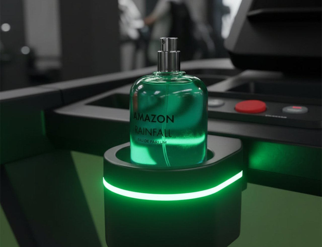 Volare Amazon Rainfall by Volare 100ml EDP Men — Green glass perfume bottle with silver cap, resting in a black illuminated holder on a treadmill console.