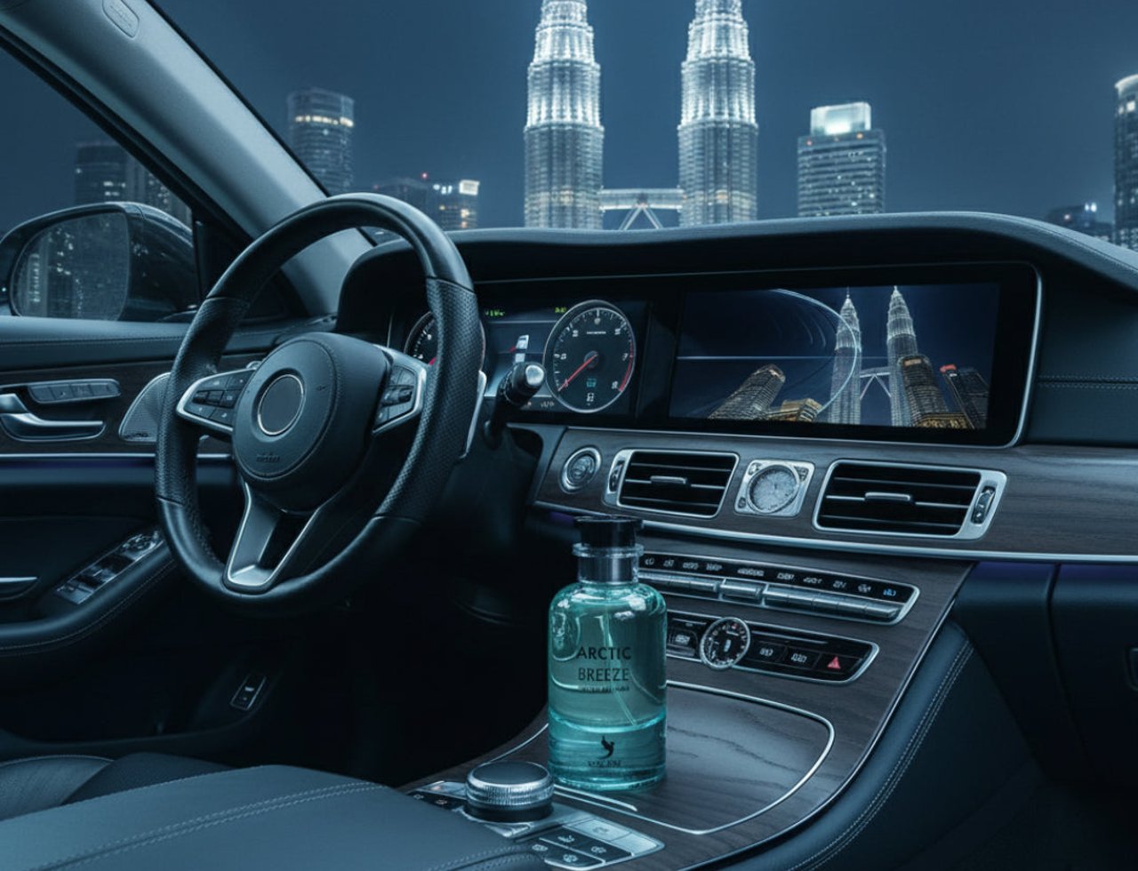 Volare Arctic Breeze by Volare – 100 ml for Men – A clear turquoise bottle of Arctic Breeze perfume sits on the wooden dashboard of a luxury car at night, with the Petronas Twin Towers visible in the background.