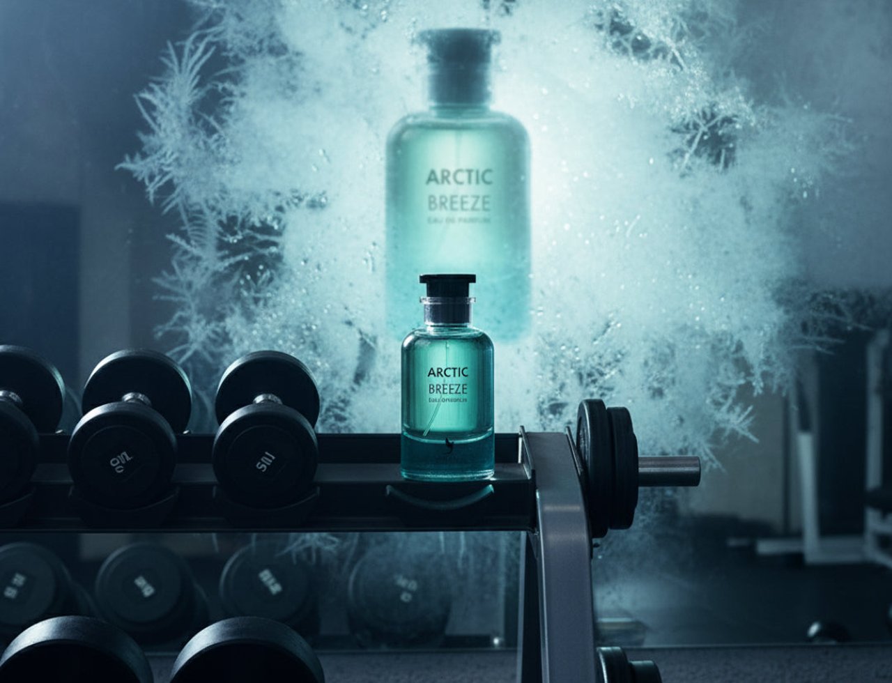 Volare Arctic Breeze by Volare – 100 ml untuk Lelaki, botol minyak wangi kaca jernih bertutup hitam di rak dumbbell, dengan botol lebih besar kabur di latar belakang dalam salji ais.