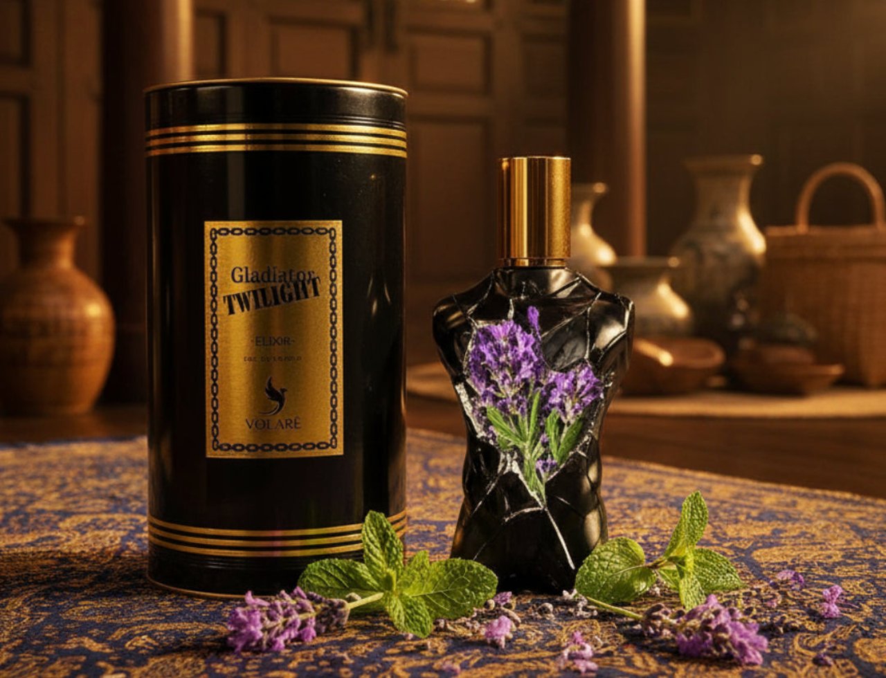 Volare Elixir Gladiator Twilight 100ml Man — Tin hitam silinder berjalur emas dan label, sebelah botol pewangi hitam bentuk badan dengan pokok lavender dan pudina atas kain bermotif.