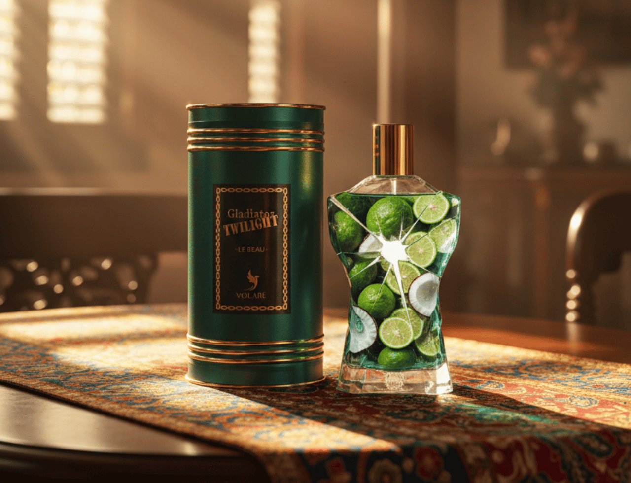 Volare Le Beau Gladiator Twilight — Kotak silinder hijau bertali emas dan berlabel, bersebelahan botol minyak wangi kaca jernih berisi limau dan hirisan kelapa, di atas alas meja bermotif.