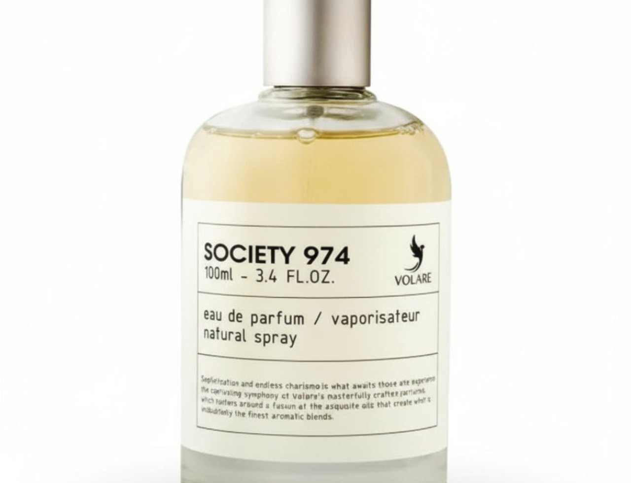 Volare Society 974 — Botol minyak wangi kaca jernih dengan penutup perak, berisi cecair kuning pucat. Label putih dengan teks hitam dan logo burung kecil.
