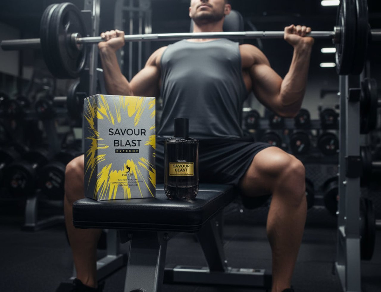 Volare Savour Blast Extreme by Volare 100ml EDP Men — Muscular man lifting weights in a gym, with a bottle and box of Savour Blast Extreme perfume placed on the bench in front of him.