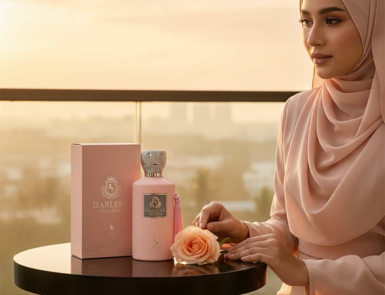 Volare Darlene Pour Femme — Pink perfume bottle and box with a rose and a woman in a hijab in the background at sunset.