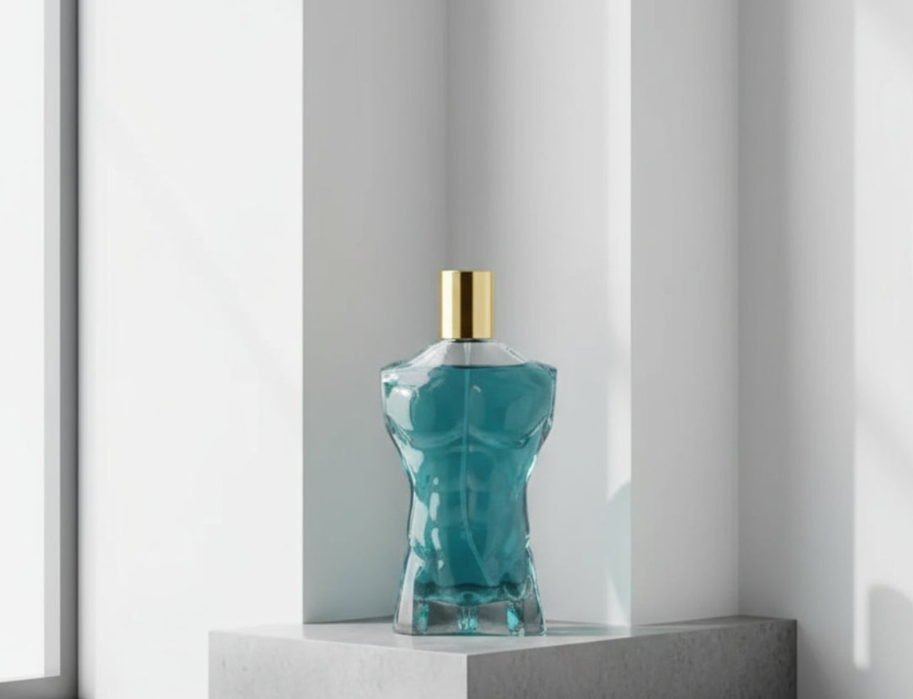 Volare Le Beau Gladiator Twilight Volare 100ml for Man — A clear glass perfume bottle shaped like a muscular male torso with blue liquid, topped with a gold cap, displayed on a grey stone pedestal against a white background with soft shadows.