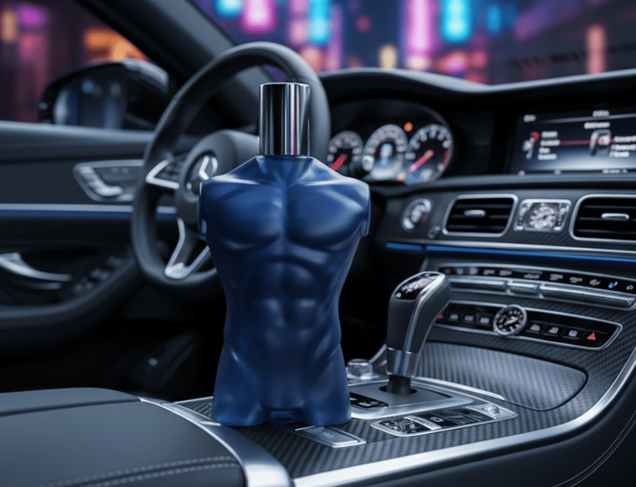 Volare Parfum Gladiator Twilight 100ml by Volare Man — Botol minyak wangi biru bentuk badan sasa diletakkan di konsol tengah kereta mewah pada waktu malam.