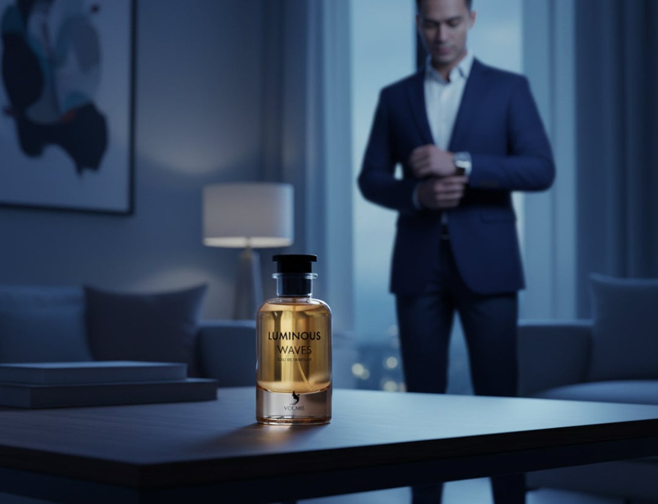 Volare Luminous Wave by Volare – 100 ml for Men, a clear glass perfume bottle with golden liquid and black cap sits on a dark wooden table in front of a man in a blue suit adjusting his cuff.