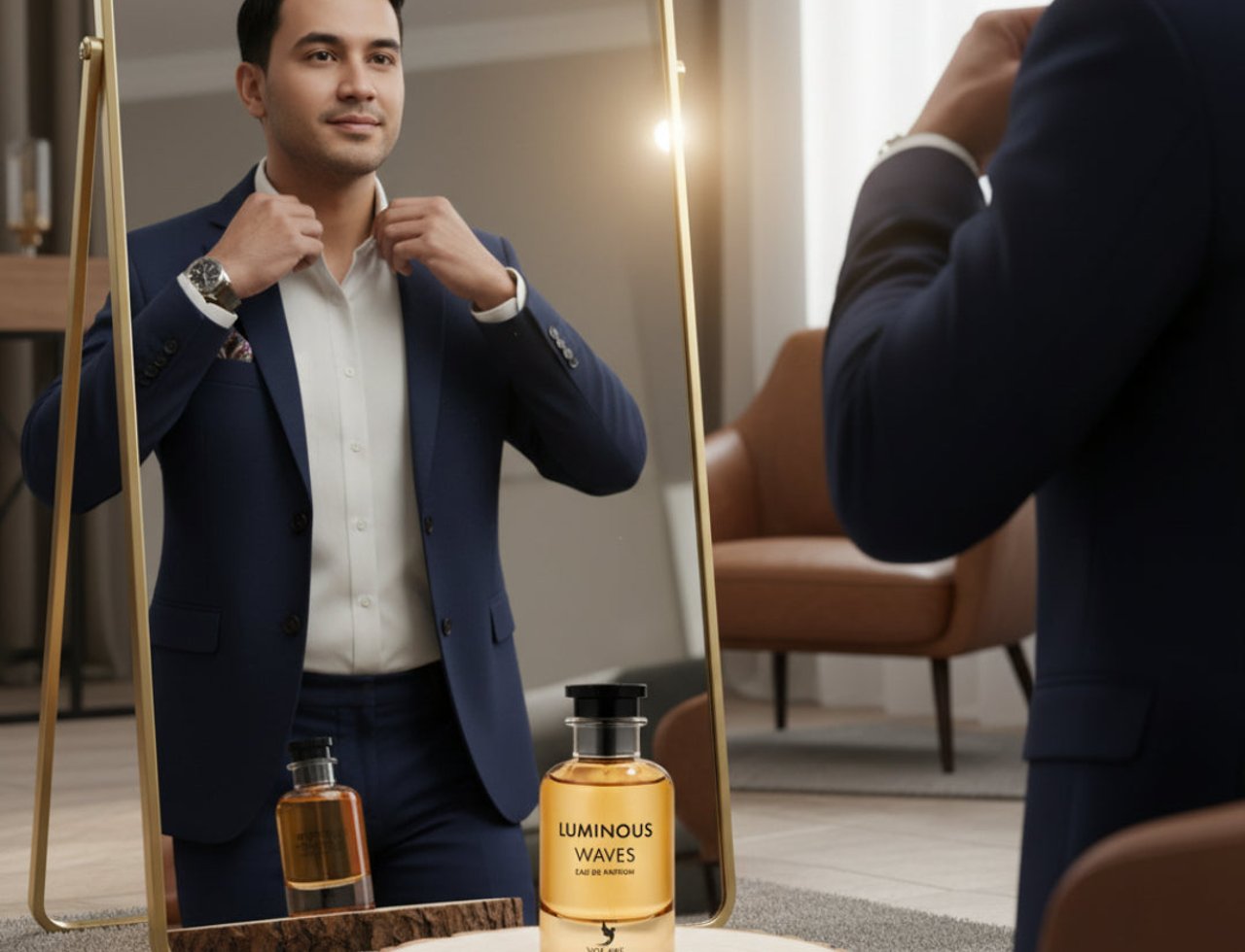 Volare Luminous Wave by Volare – 100 ml untuk Lelaki. Seorang lelaki berbaju biru gelap membetulkan kolar bajunya di hadapan cermin, dengan botol minyak wangi Luminous Waves diletakkan di atas hirisan kayu di latar depan.